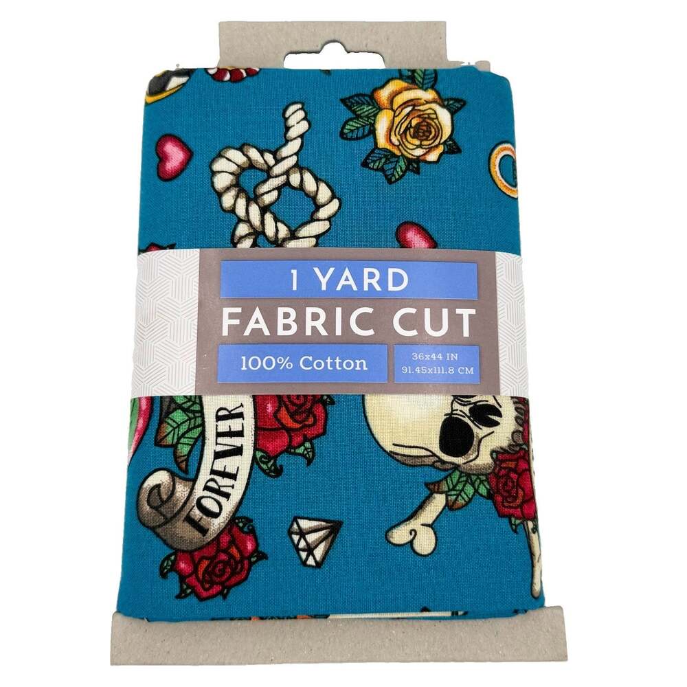 100% Cotton Tattoo Print Fabric 1yd, Large Scale Retro Aesthetic Teal Fabric